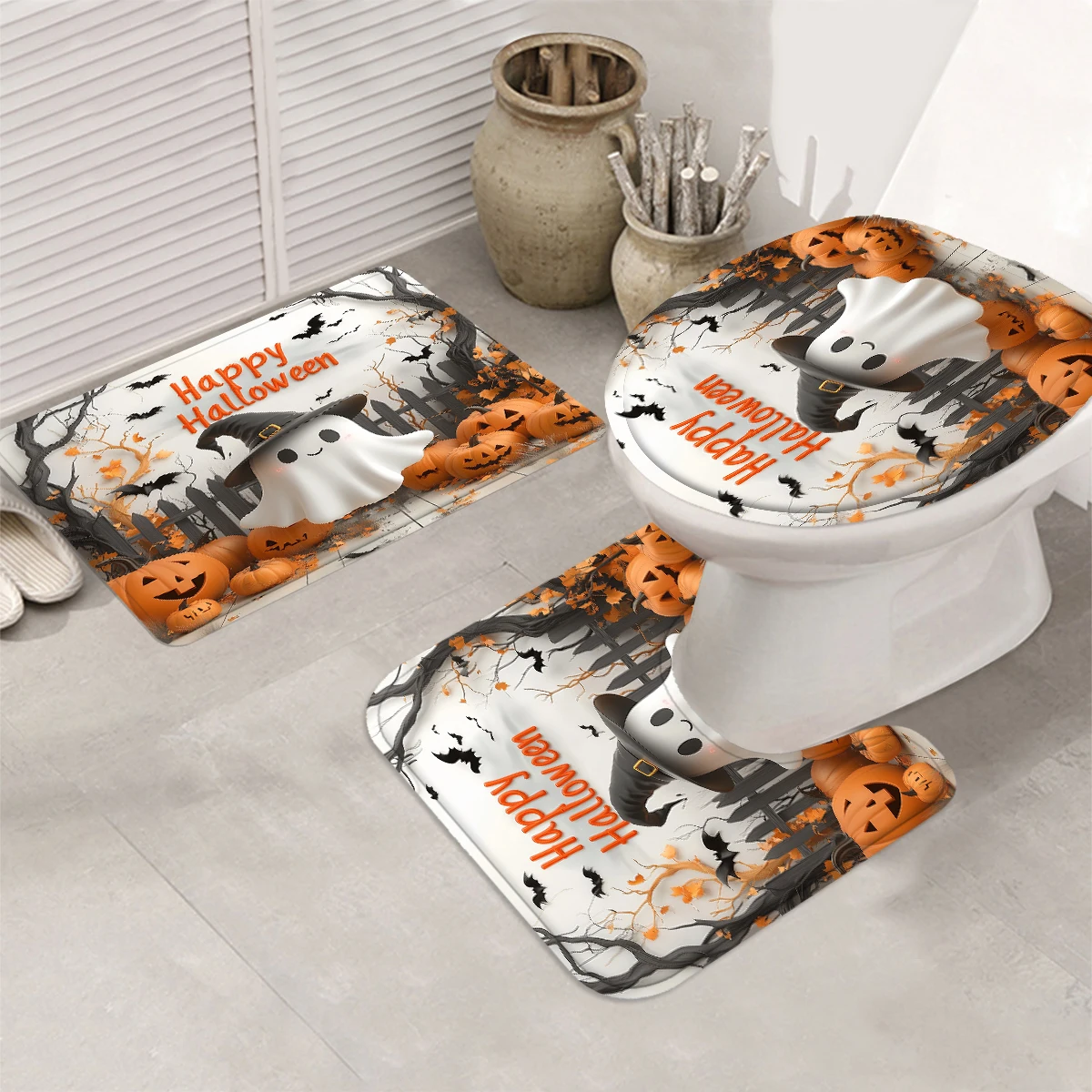 1/4PC Halloween pumpkin Cartoon fear shower curtain set,waterproof shower curtain and waterproof non-slip carpet,12free hooks