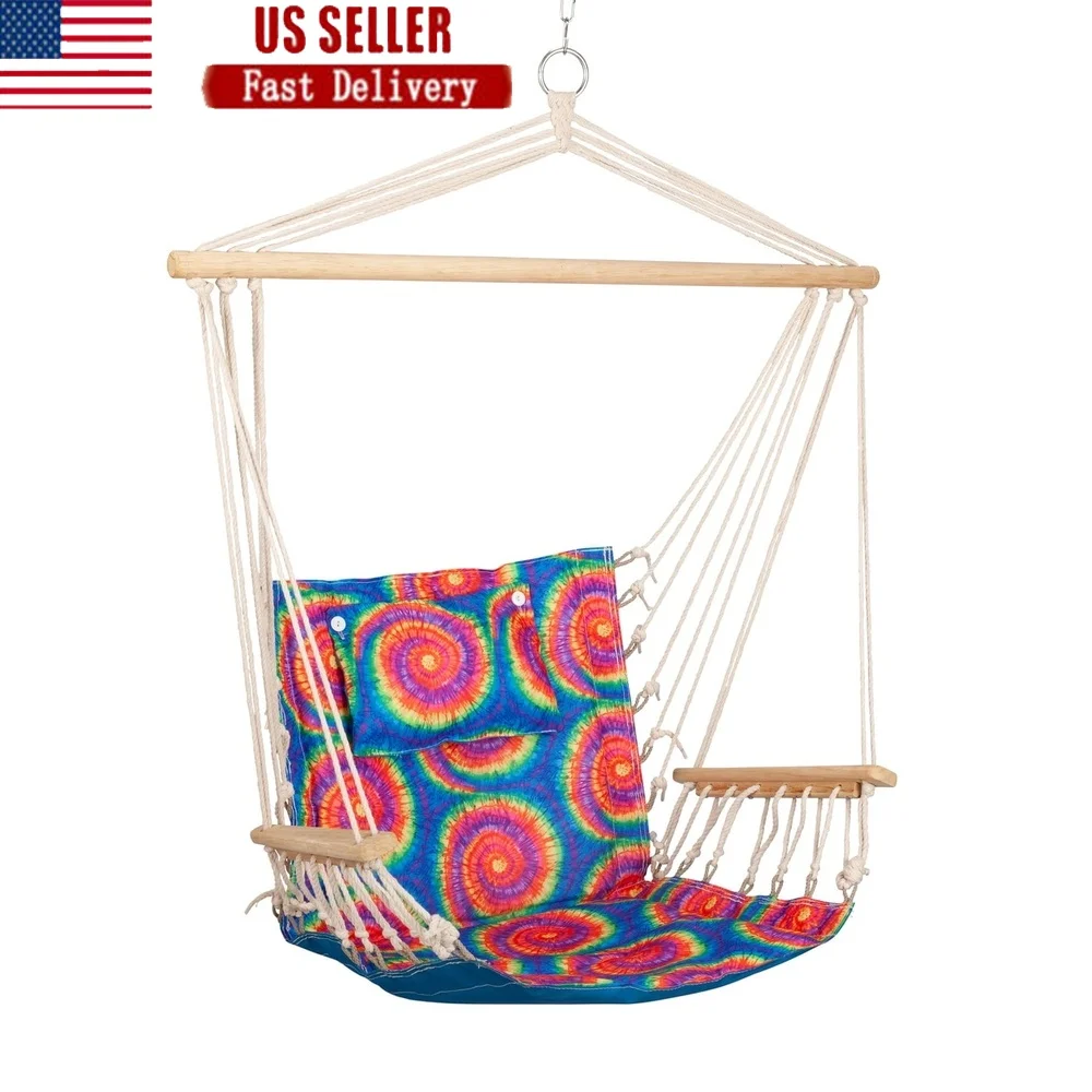 

Стул-гамак с подушкой и подлокотниками. Прочные полихлопковые удобные подвесные качели для отдыха в помещении и на открытом воздухе. Вместимость 275 фунтов.