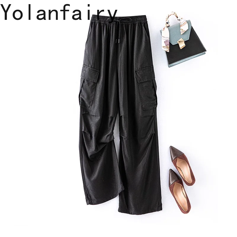 

YOLANFAIRY 100% Mulberry Silk Pants for Woman Elastic Drawstring Casual Pants Street Style Women's Black Pants Trousers Workwear