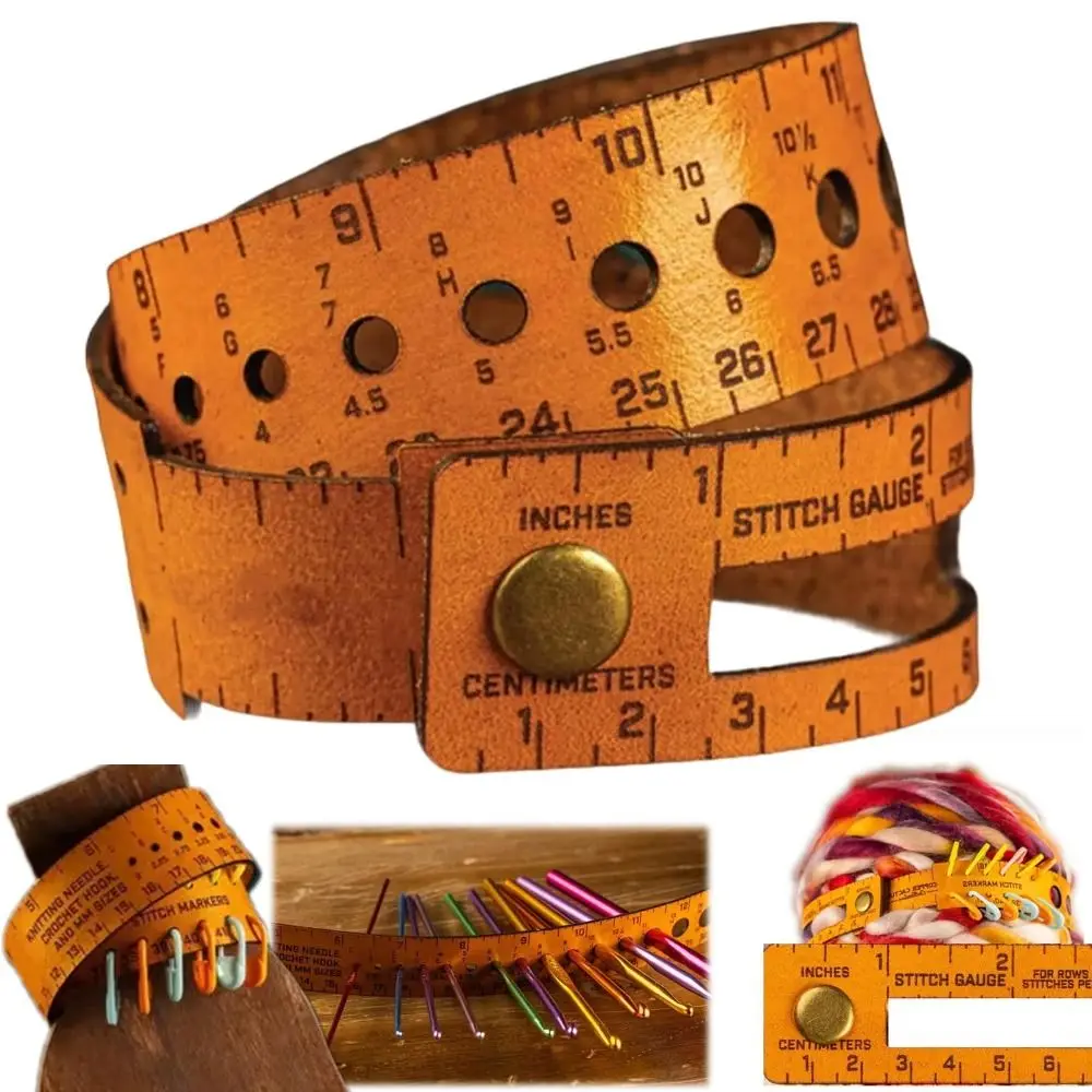 Multifunctional 7-in-1 Leather Measuring Tool Stitch Markers Storage Portable Wrist Ruler Gift for Crafter Crocheter
