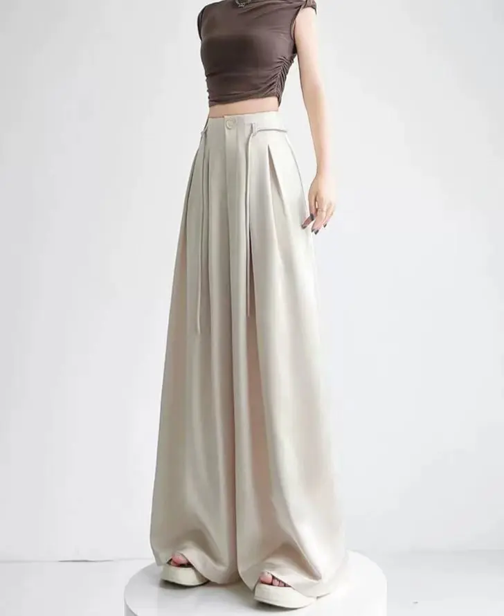 Women's High-End Suit Wide Leg Pants Belted Floor-Length Skirt Pants Elegant Business Casual Trousers with Belt