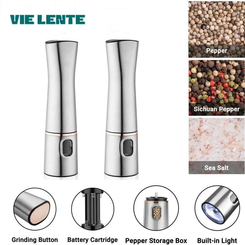 Electric Salt and Pepper Grinder Stainless Steel Automatic Gravity Herb Spice Mill Adjustable Coarseness Kitchen BBQ Tool Gadget