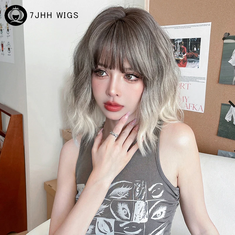 7JHH WIGS Lolita Wig Synthetic Short Bob Wigs with Fluffy Bangs High Density Wavy Brown Ombre Blonde Wig for Girl Costume Wig