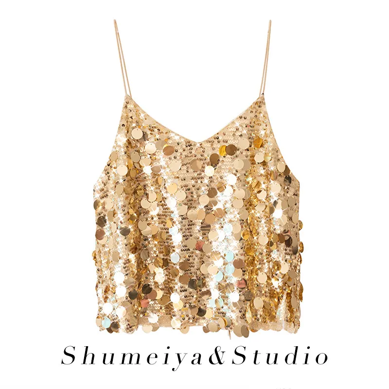 

European and American Heavy Industries Colorful Sparkling Glitter V-neck Top, Spicy Girl, Sexy Nightclub, Bounce, Di, Waist