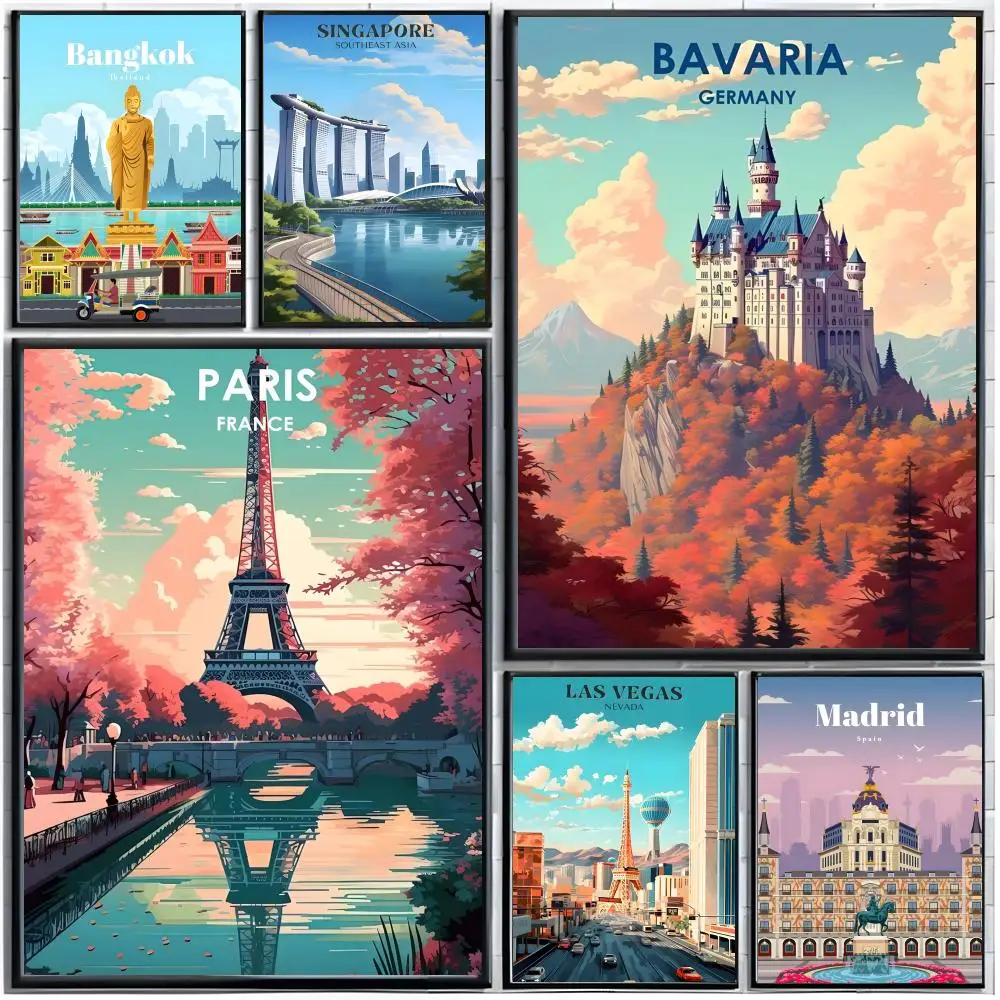 retro print France Paris Brazil Hawaii City Travel Poster Modern Wall Art Home Decor Living Room Decorative Print Unframed