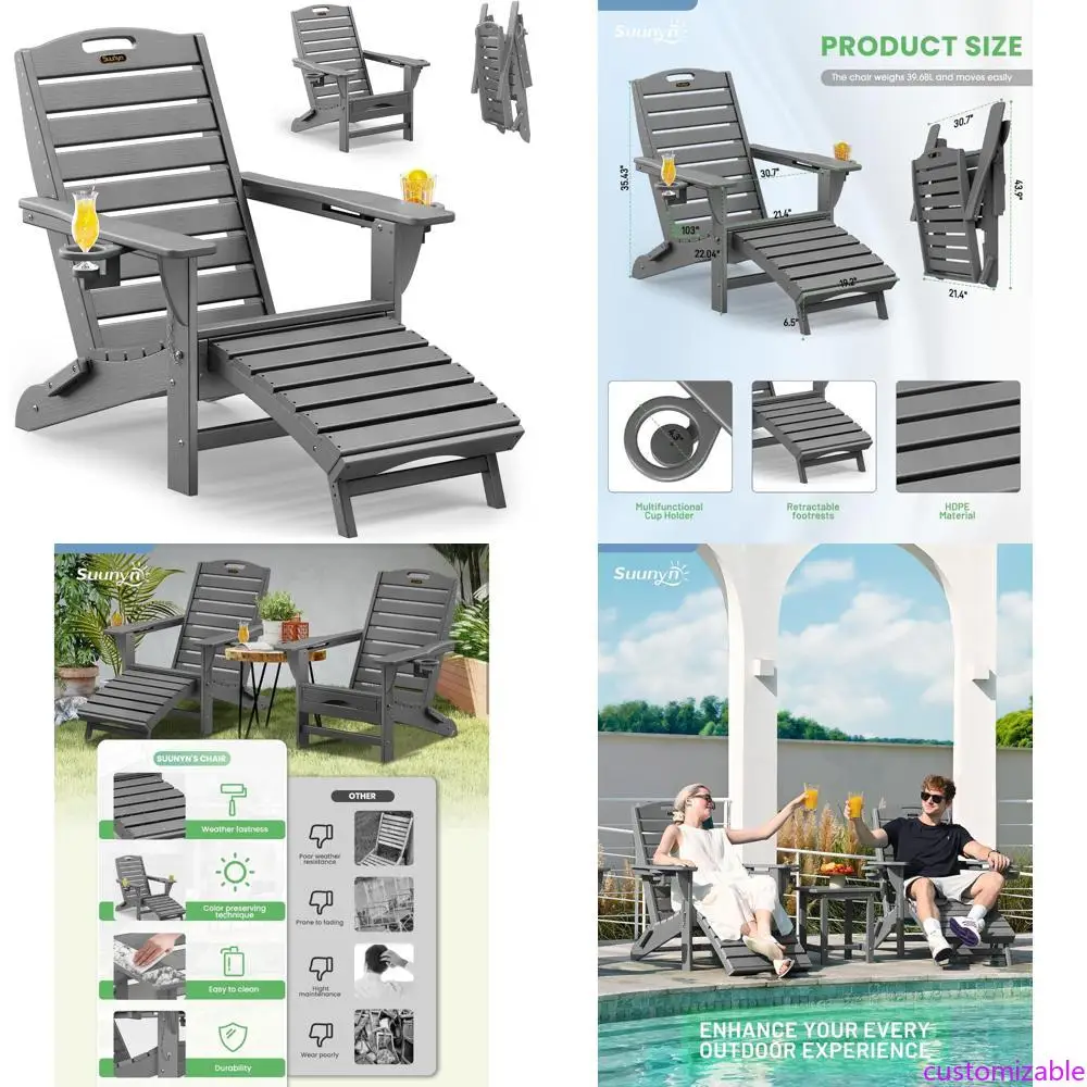 Silla Adirondack resistente a la intemperie con otomana retráctil, agradable para fogones, patio y silla de césped al aire libre con dos portavasos