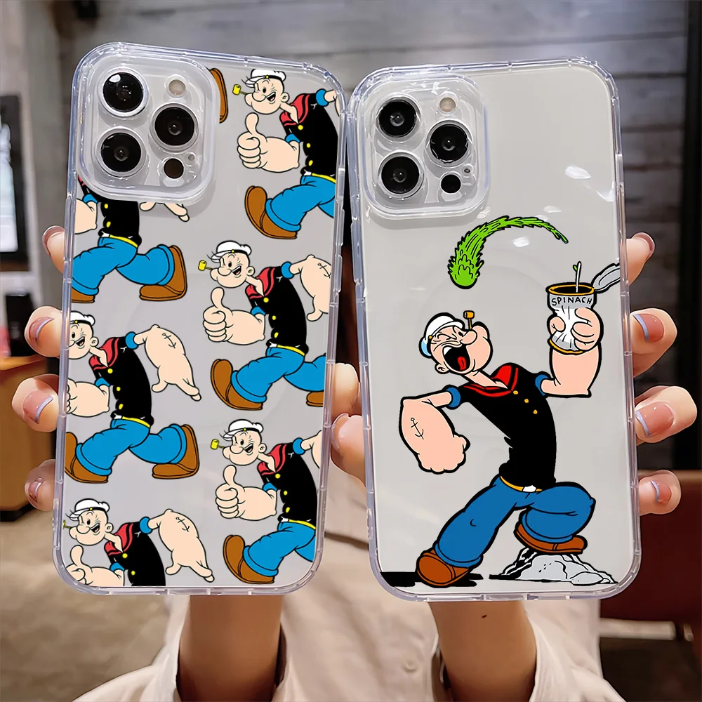 Cartoon P-Popeyes Cool For IPhone 16 15 14 13 12 11 Pro Max Plus Transparent Magnetic Suction Phone Case