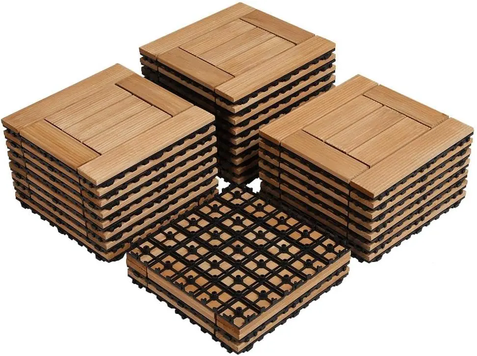 27PCS Patio Tiles Interlocking Wood Floor Tiles Outdoor Wooden Flooring Planks 12 x 12in Composite Decking Natural Wood