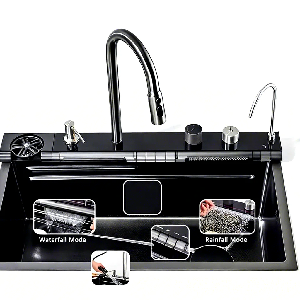 Factory Direct 2026 304/201 Stainless Steel Kitchen Sink - LED Waterfall Multi-Functional Handmade Single Bowl Kitchen Sink