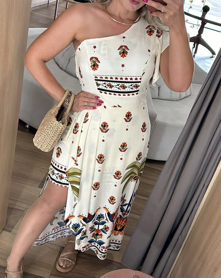 

Summer New Fashion Tribal Print One Shoulder Flutter Sleeve Midi Dress Womens Casual Slim Slit Asymmetrical Hem Vacation Dresses