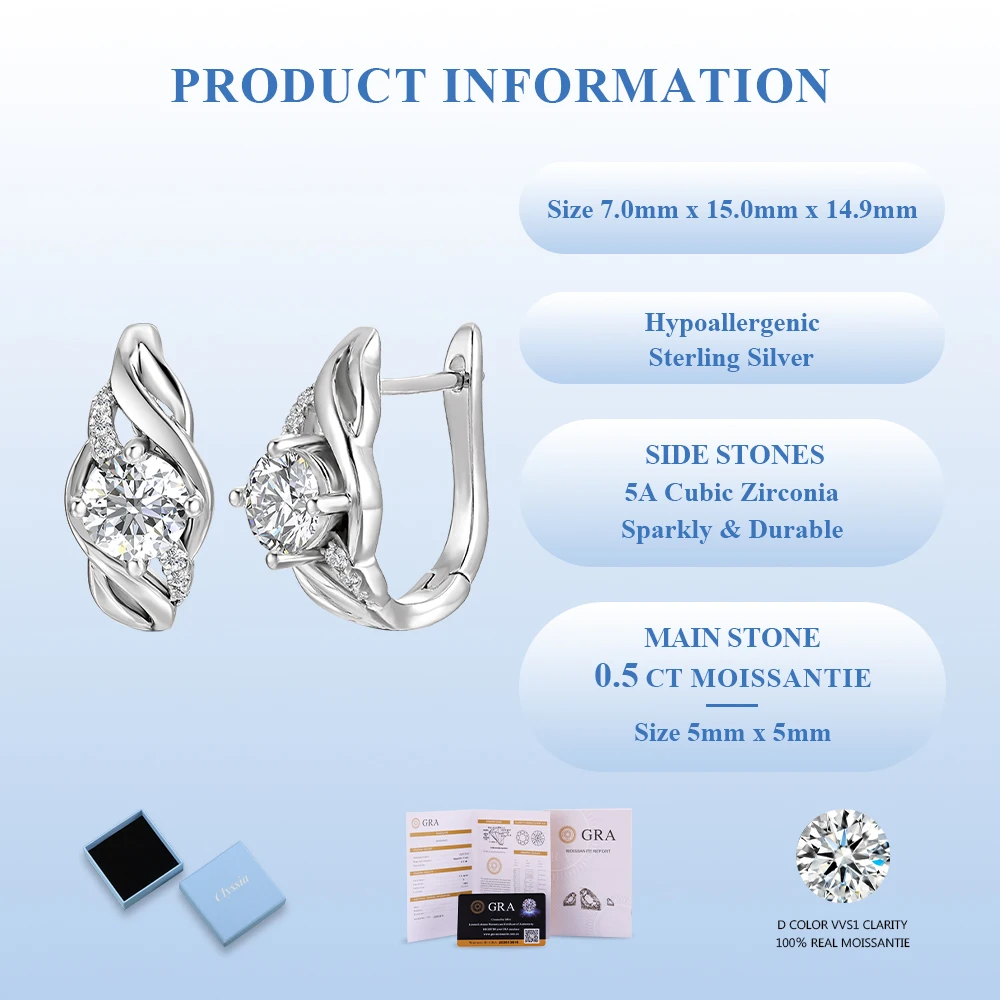 

Elegant D VVS1 Moissanite 925 Sterling Silver with 18k White Gold Plated Stud Earrings Hollow-out Design with GRA