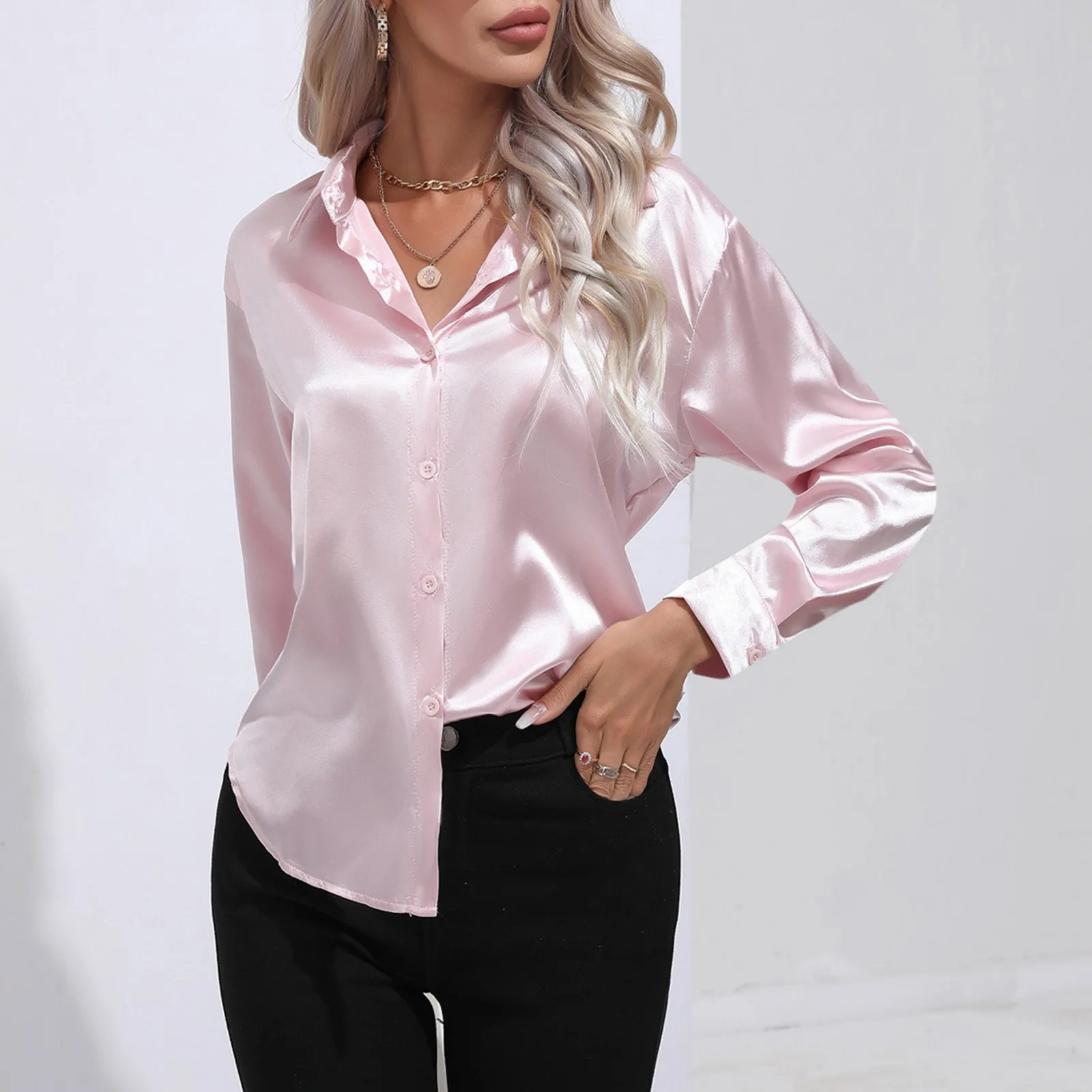 Spring Summer New Women\'s Shirt Elegant Satin Long Sleeve Faux Silk Shirt Blouse Solid Colour Elegant Casual Button Shirt Blouse