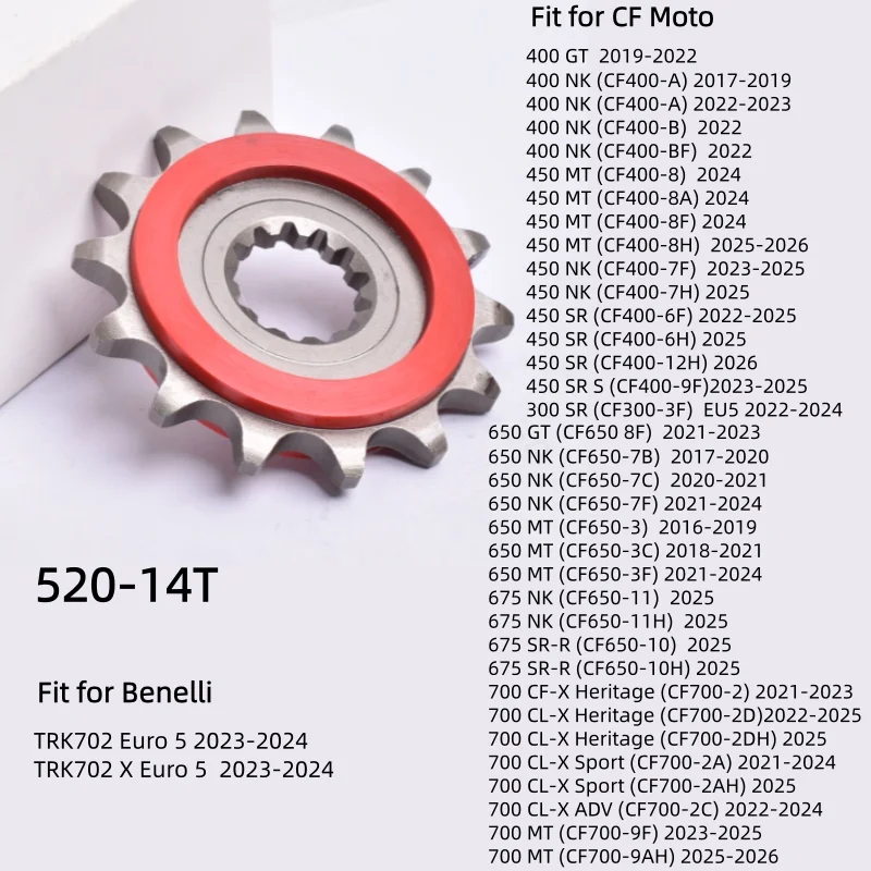 520 14T Front Sprocket for CF Moto GT NK 400 650 MT SRR 450 SR 300 675 CF-X CL-X 700 Heritage Sport ADV Benelli TRK 702 X Euro 5