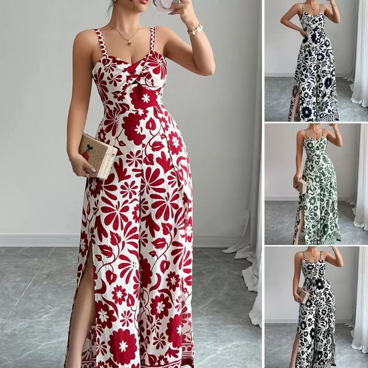 

Printed Sling Bal Wide Leg Jumpsuit Pants High Waist Long Pants Ultra Thin Workwear Sle Women's One-Piece Suit