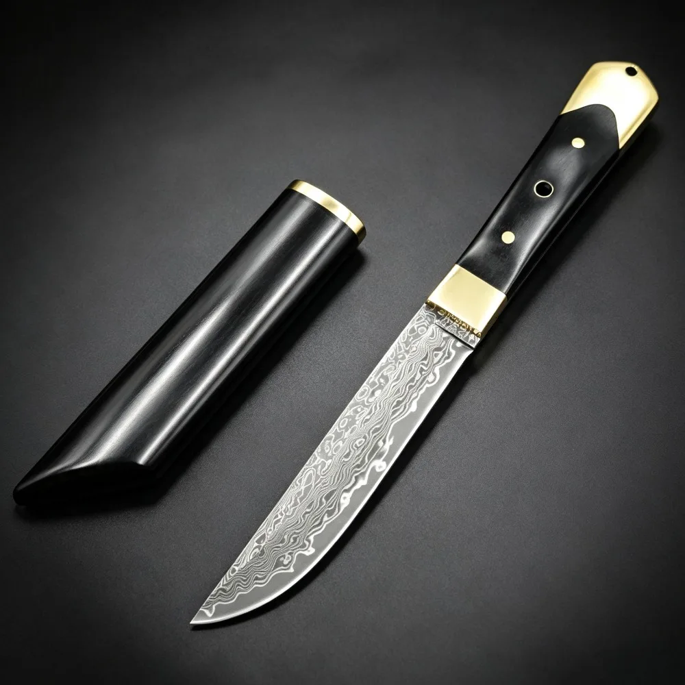 High Hardness Damascus Blade Tanto / Drop Point Blade Ebony Handles Fixed Blade Pocket Knife Outdoor Camping EDC Survival Tools