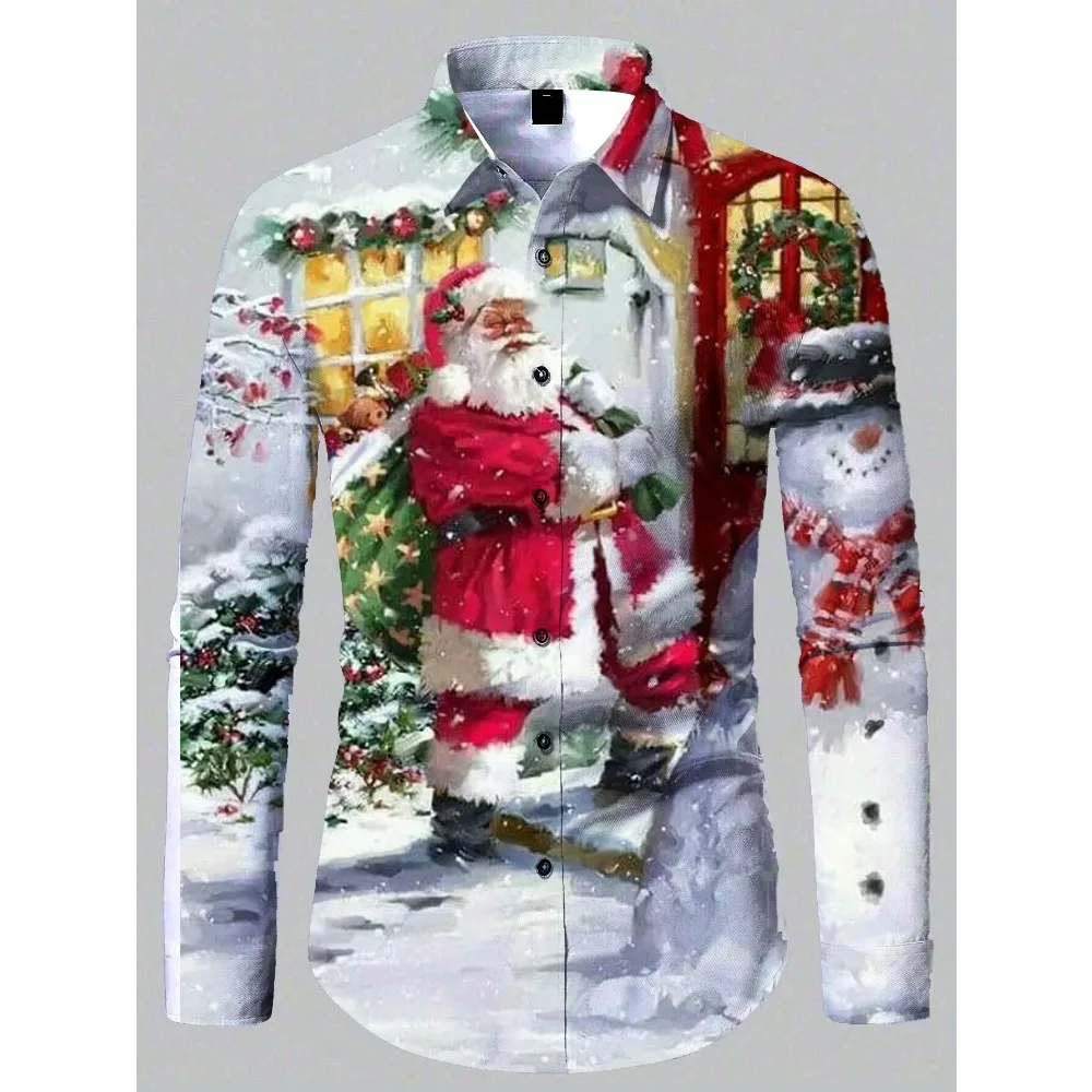 Męska koszula z długim rękawem Casual Fashion Santa Claus Printed Shirt 3d Design Męska koszula z klapą z długim rękawem New Year Gift Top