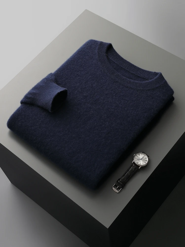 100% Merino Wool Men's O-Neck Long Sleeve Pullover Sweater Spring Autumn Smart Casual Pure Color Jumper Cashmere Knitwear Tops