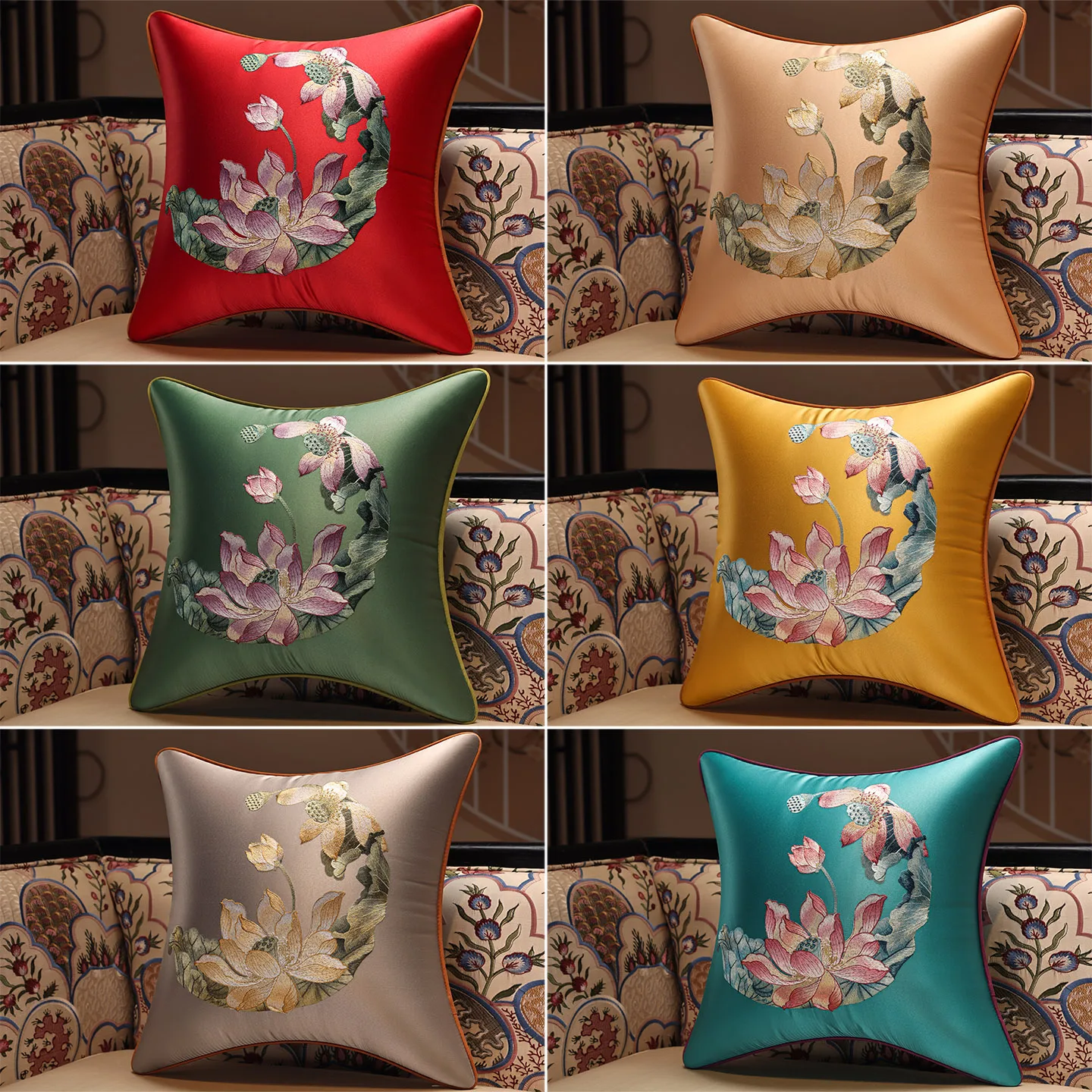 Lotus Embroidery Pillows Luxury Satin Pink Cushion Case Art Chinese Decorative Pillow Cover For Sofa Chair Home Decorations