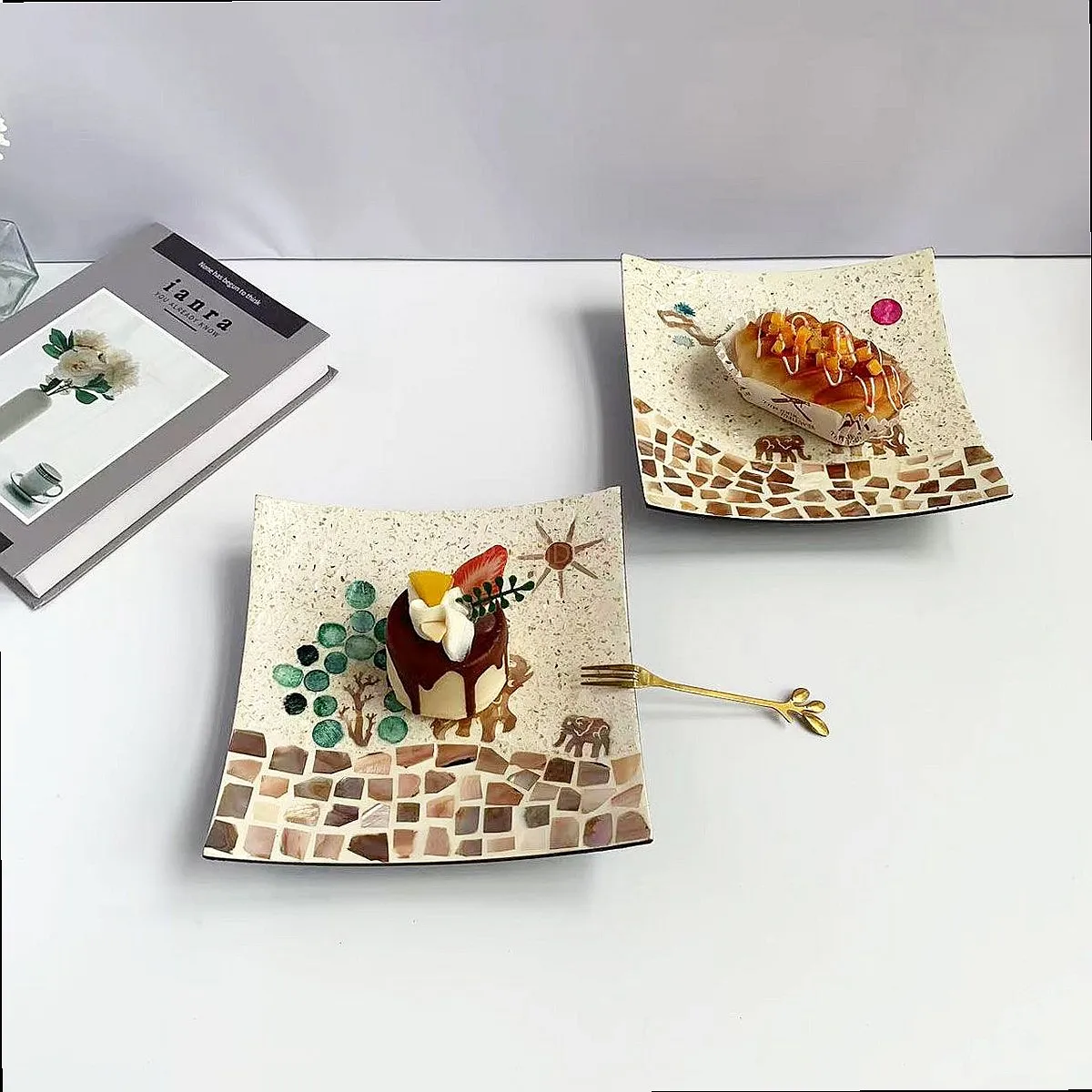 Imported Luxury Colorful Hand-Painted Tray Square Fruit Dessert Plate High-End Decorative Serving Platter