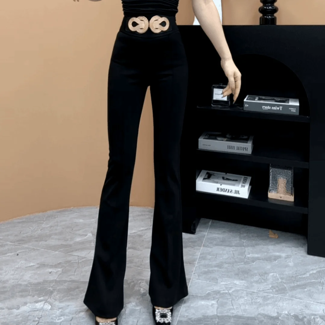 유행 캐주얼 여성 봄과 여름 높은 허리 유행 중국어 매듭 금속 버클 넓은 허리 다목적 플레어 바지