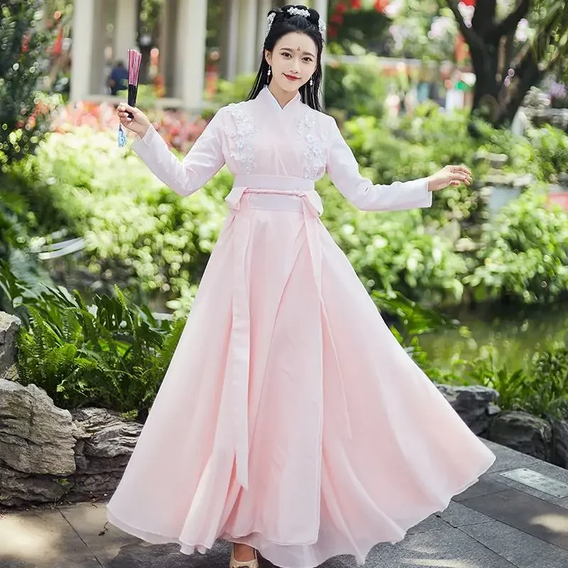 

Chinese Hanfu Dress 3PCS Set Chic Pink Flowing Maxi Dress Chinese Ancient Women Embroidery Dress Costume for Shooting Graduation