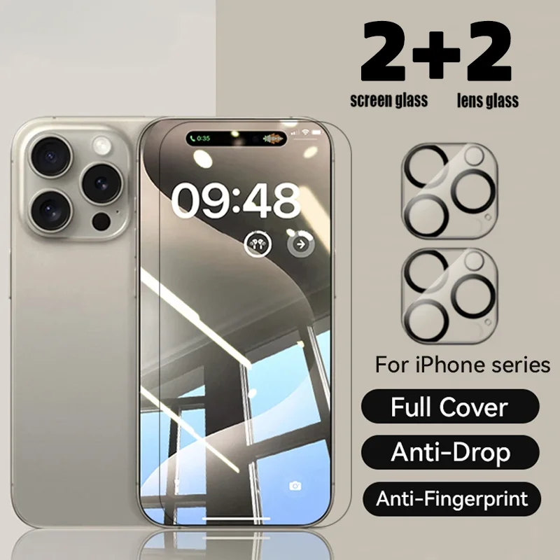 

2 шт. защитные пленки из закаленного стекла с 2 шт. защитные пленки для объектива камеры для iPhone 17 16 15 Pro Max 14 13 12 11 Pro 16e 17Air