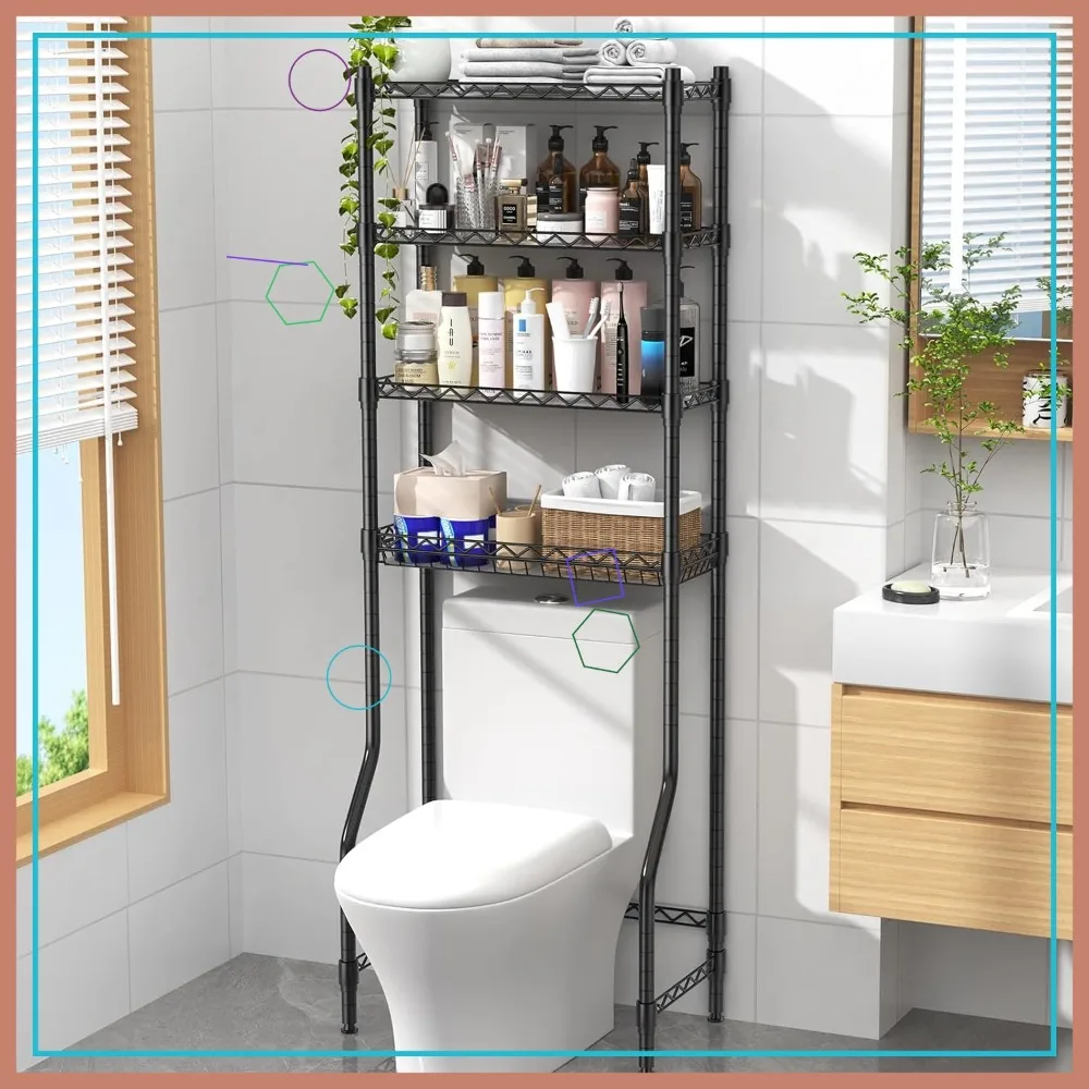 

4-Tier Adjustable Over Toilet Storage Rack with Basket, Bathroom Organizer for Small Spaces (Black)