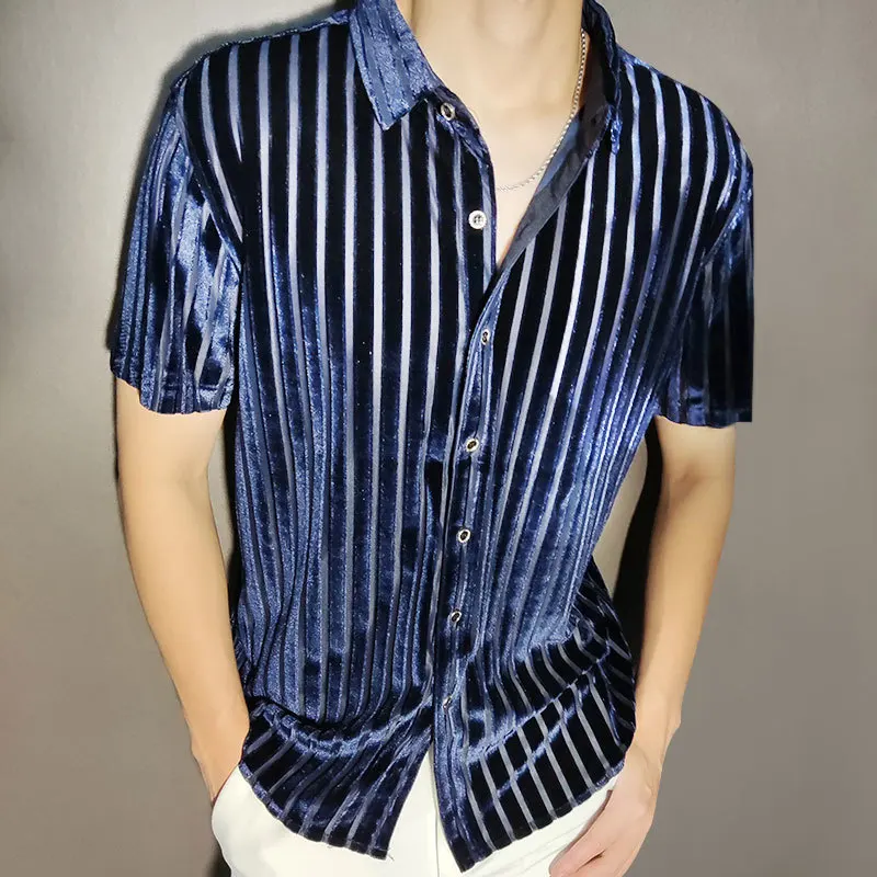 High Quality Shirt Trendy Transparent Blue Stripe Shirt Men Sexy Velvet Shirt Men Short Sleeve Clothing See Through Social Club