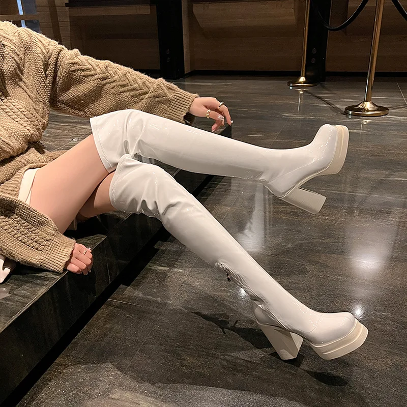 أردن فورتادو الخريف الأبيض براءات الاختراع والجلود منصة نحيل الأحذية ساحة تو الجانب سستة سوبر عالية الكعب فوق الركبة الأحذية #1