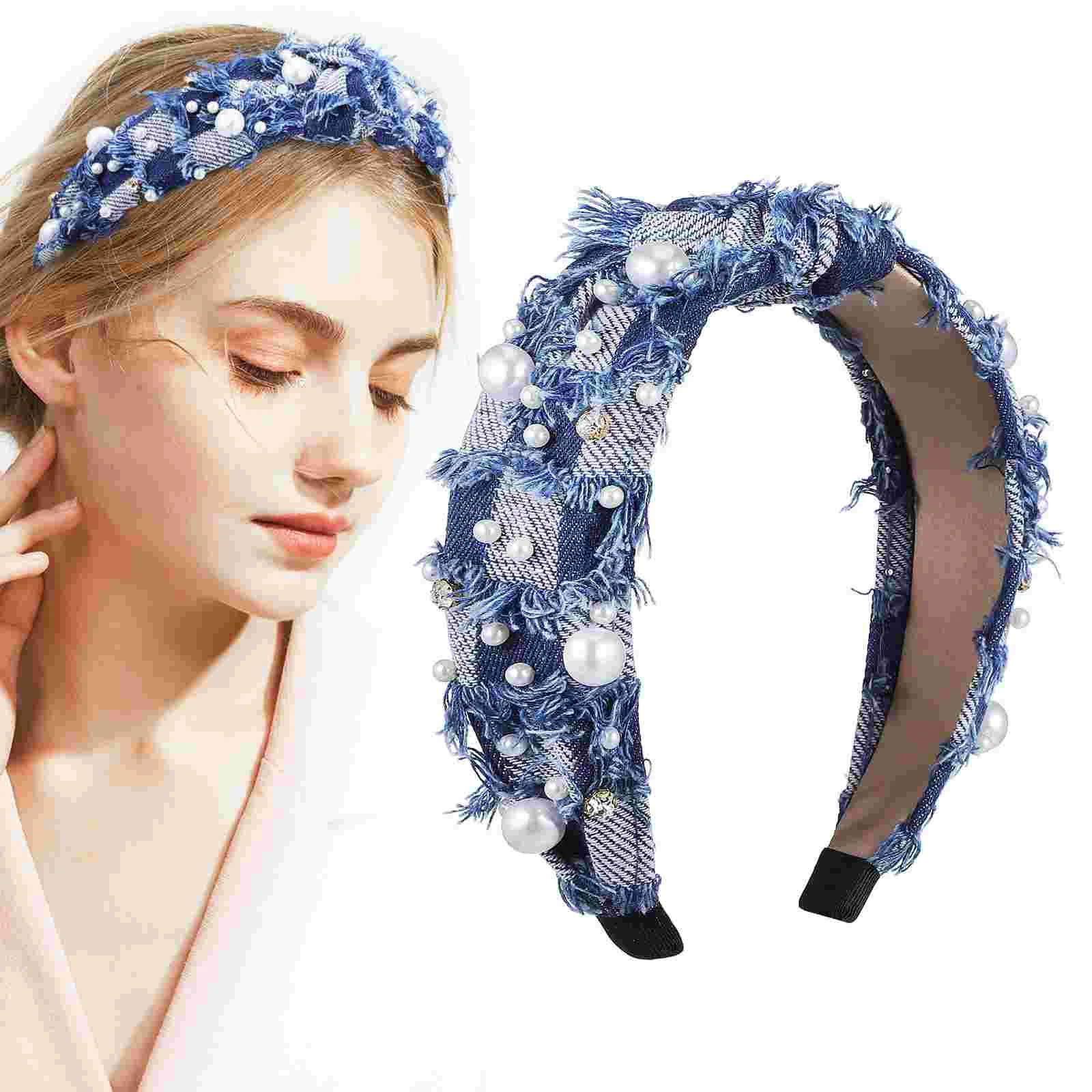 High Crown Rhinestone Denim Hairband Wide Headbands for Women Non Comfortable Knot Spa Face Washing Accessories