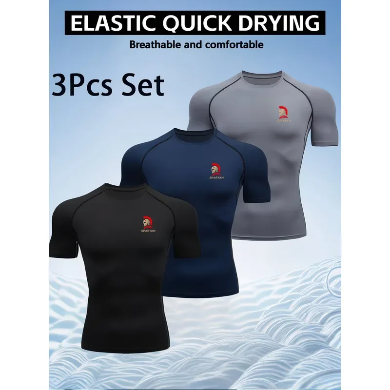 3-Pc Value Set Men's Quick-Drying Compression T-Shirt with Creative Sparta Print Breathable High-Elastic Slim Fit Sports Top