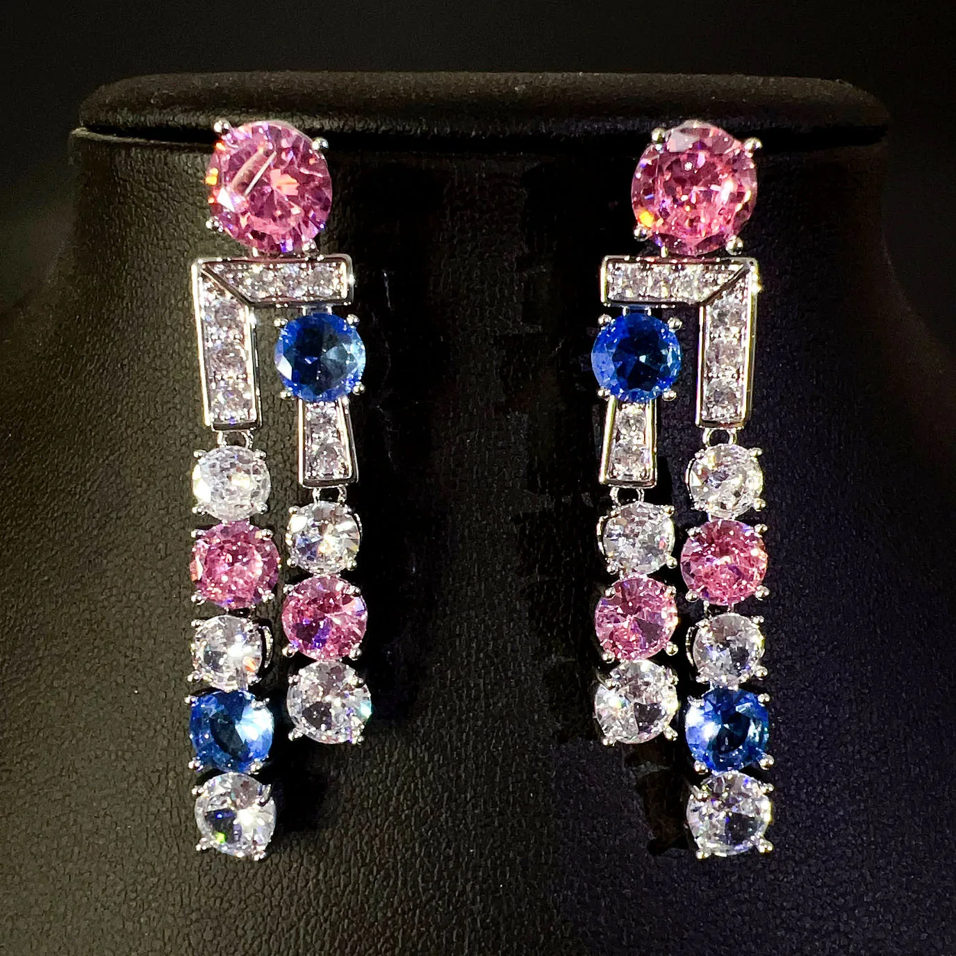 

shiny zirconia earrings bicolor match pink blue small round drop tassel chain earrings women