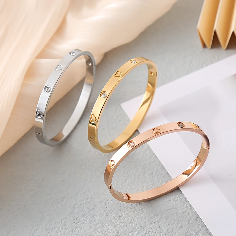 Women's Fashion Stainless Steel Bracelet Heart-Shaped Cubic Rhinestone Decorative Buckle Daily Wear Jewelry Accessory