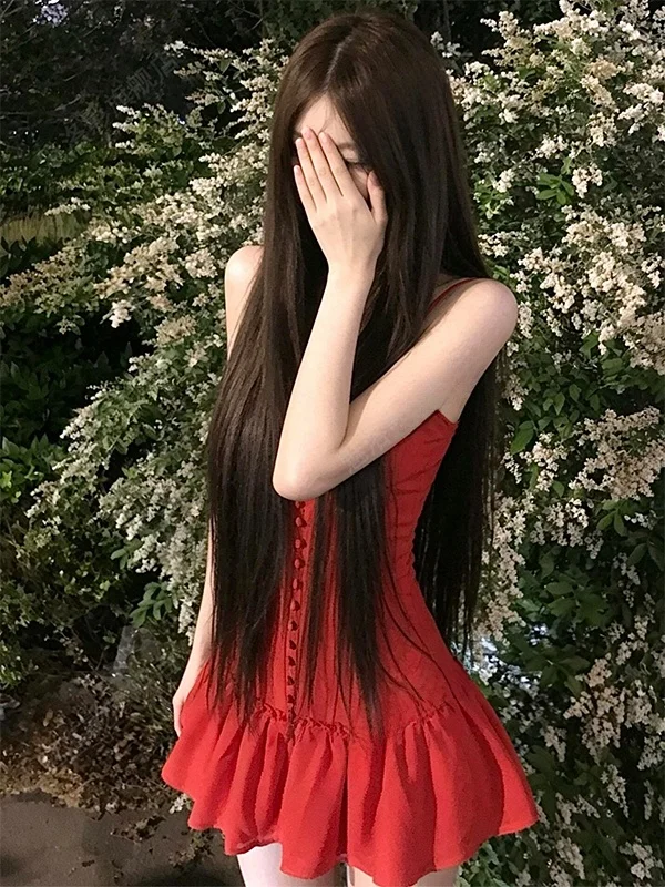 Slim Fit Red Belted V-Neck Short Dress Women's Summer Pleated Waist Cinching French Style Polyester Fiber Midi Dress