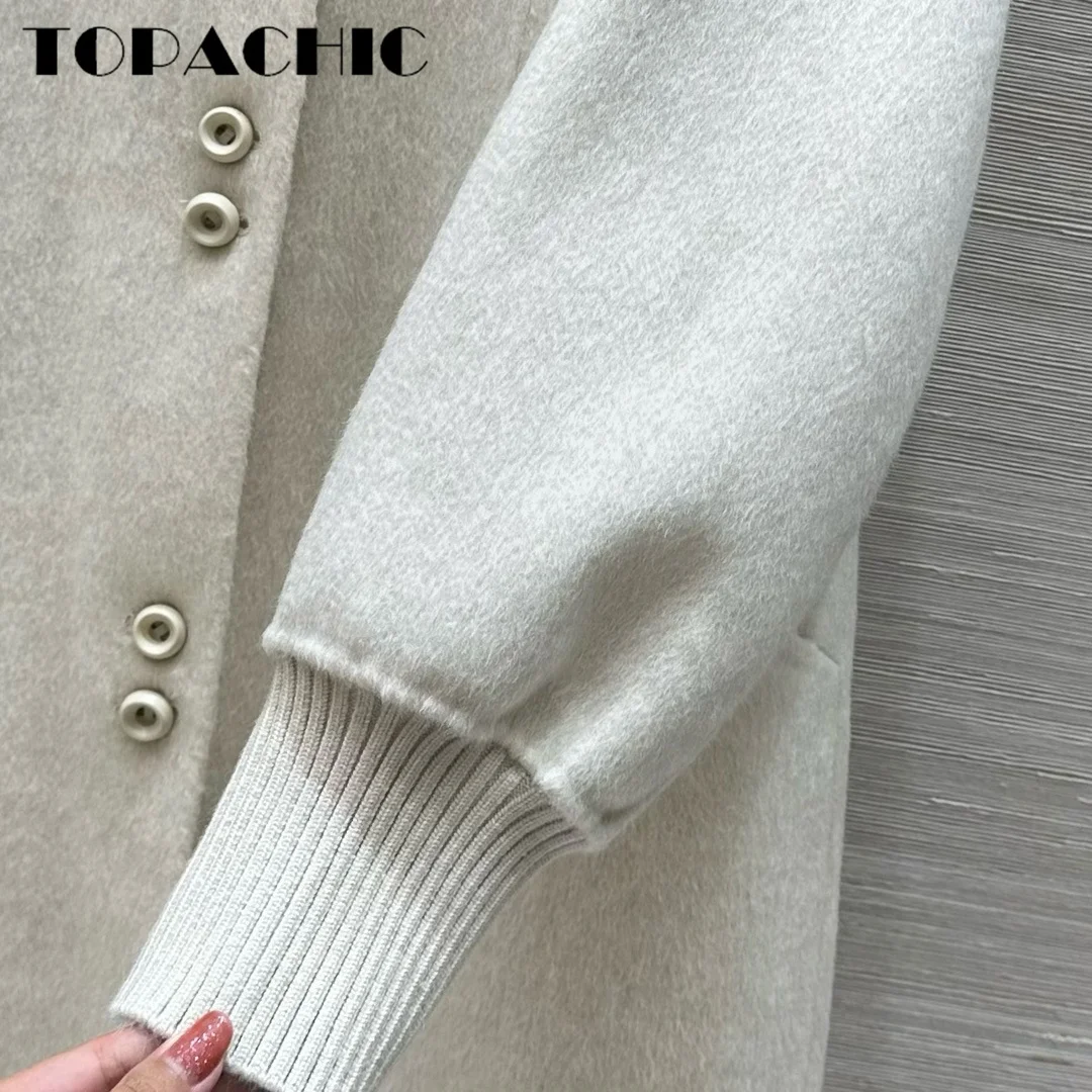 10.7 TOPACHIC-Women Two Piece Set Design Hooded Down Lining Double-Sided Wool Coat Cuff Ribbed Knit Straight Button Outerwear