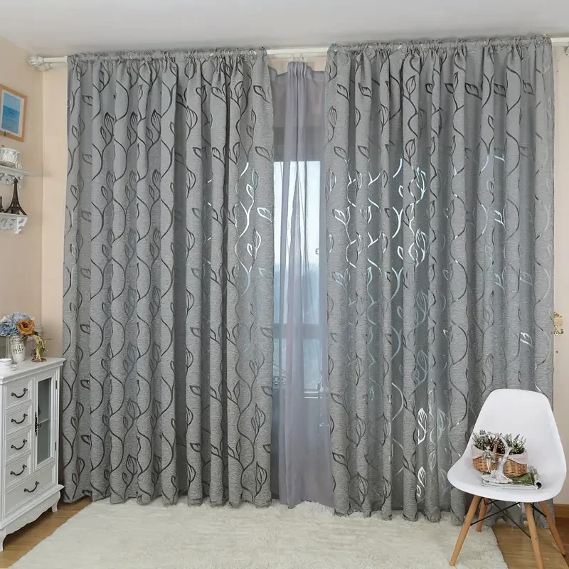 1 Panel Simple Gray Cut Flower Hollow Leaf Gauze Curtain Rod Pocket Curtain Living Room Office Home Decoration