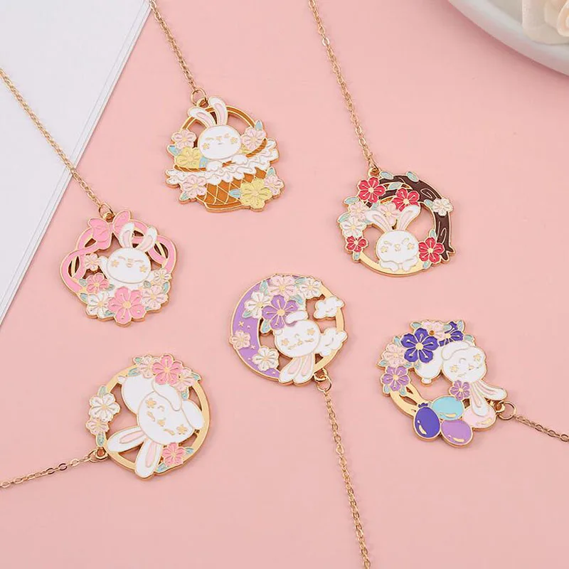 1pc Kawaii Mid Autumn Cartoon Rabbit Bookmark Metal Cute Pendant Book Mark Page Folder Office School Supplies Stationery Prize