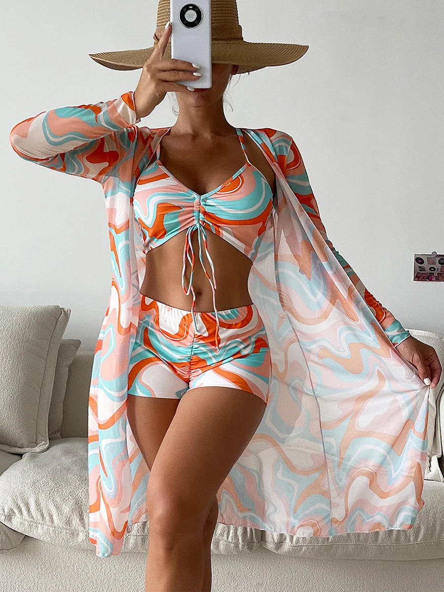 Imagem -02 - Conjunto de Biquíni de Cintura Alta de Peças para Mulheres Maiô Encobrimento Manga Comprida Roupa de Banho Push up Moda Praia Roupa de Banho Biquíni Sexy 2023