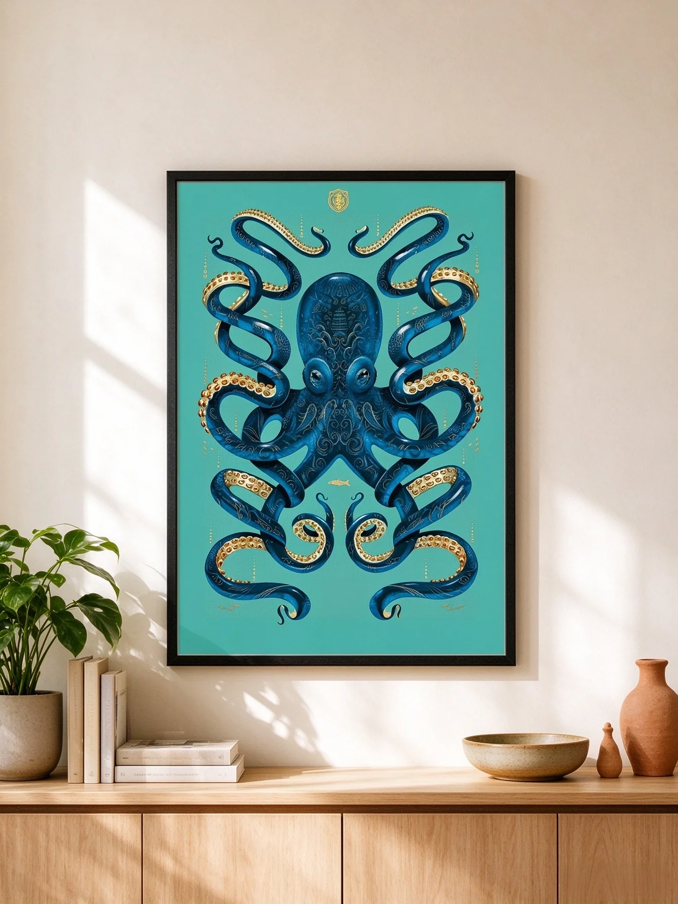Vintage Blue Octopus Wall Art, Ornate Nautical Sea Creature Print, Retro Ocean Animal Decor for Coastal Home
