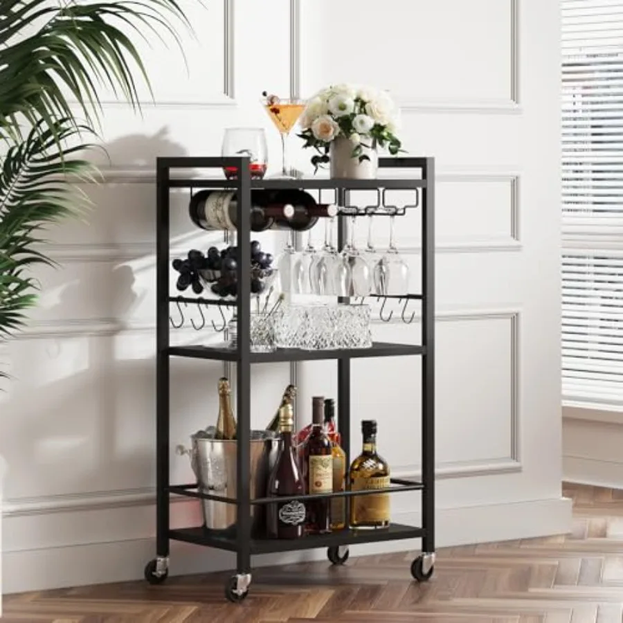 

Bar Cart, Home Bar Serving Cart with 3-Tier Shelf, Drink Cart with Wine Rack, Glass Holder, Rolling bar carts for The Home, Liv