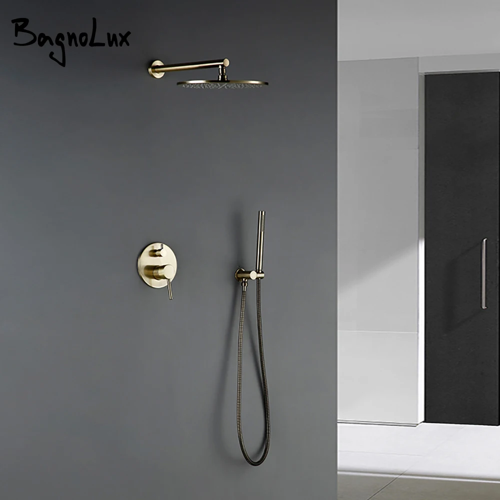 Bagnolux Brass Gold Concealed Wall Hanging Top Head And Hand Shower Curtain Set Two Functions Hot Cold Mixing Bathroom Faucet