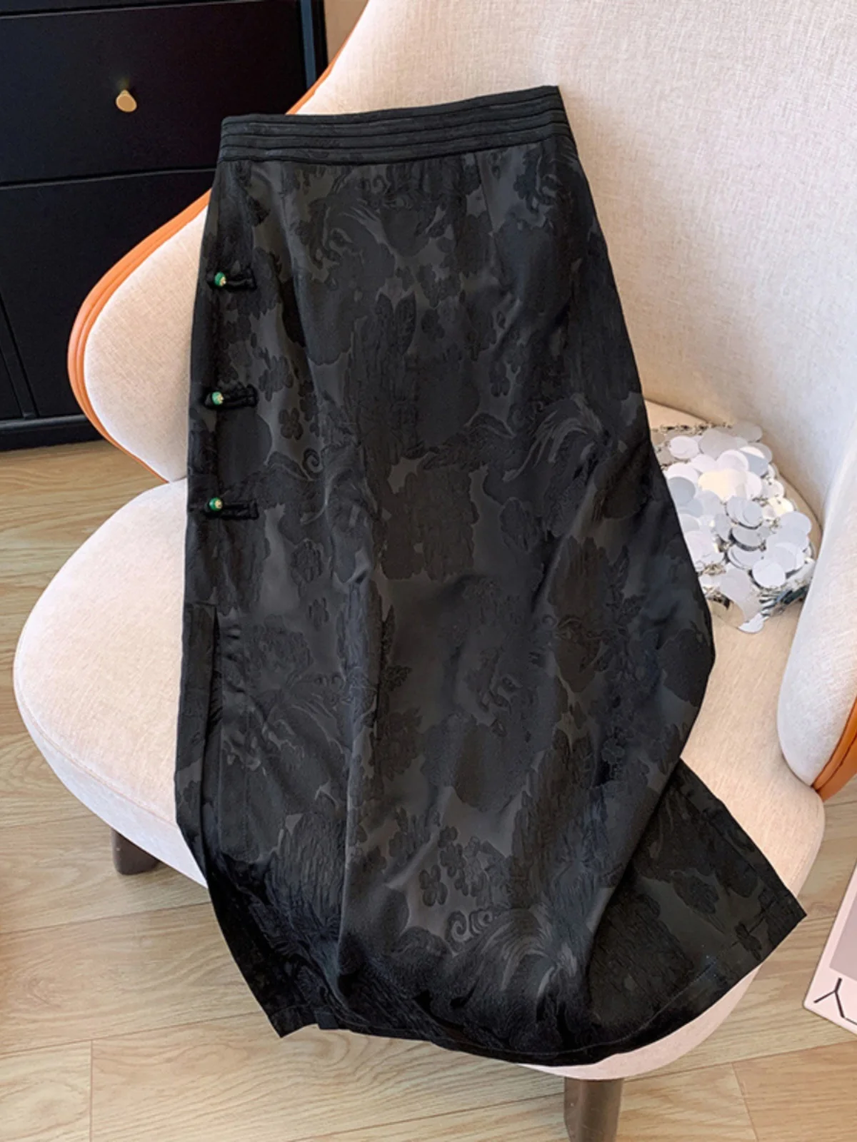High Waist Green Asymmetrical Hem Acetate Skirt with Button Detailing Women's Summer New Chinese Style National Trend Wrap Bo...