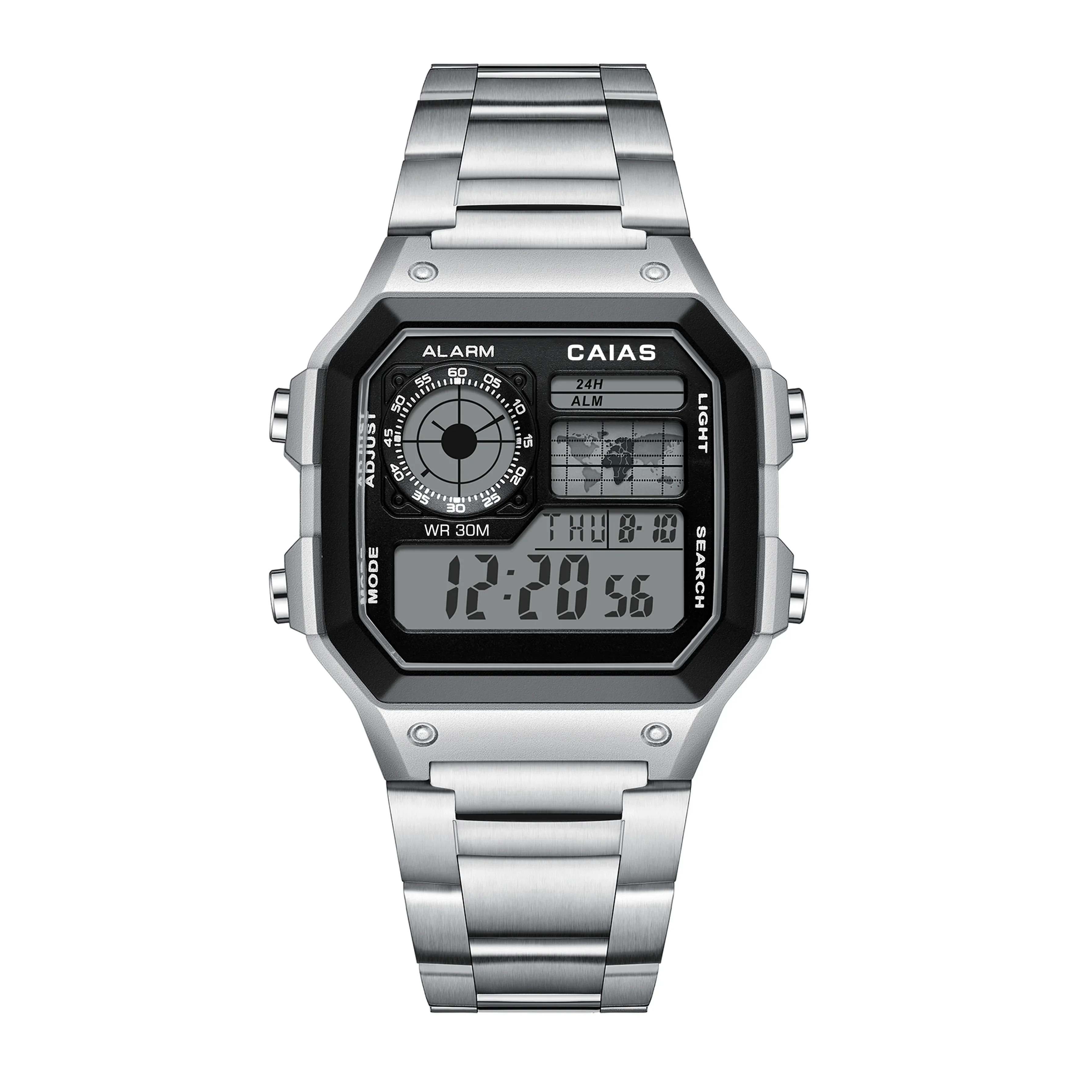 Shock resistance Digital Sports Unisex Watch Square Alloy LED Dial World Time Fully Functional Water Resistant Oak Series