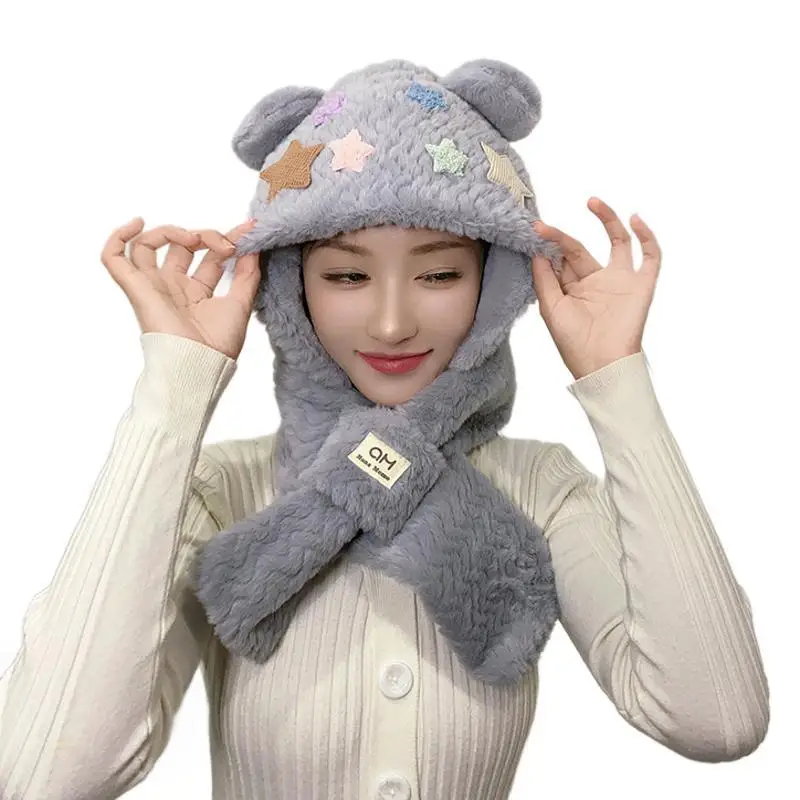 Hot Cute Little Bear Star Hat Scarf Autumn Winter Dome Shaped No Eave Warm Cold Resistant Riding Bike Plush Hat Balaclava