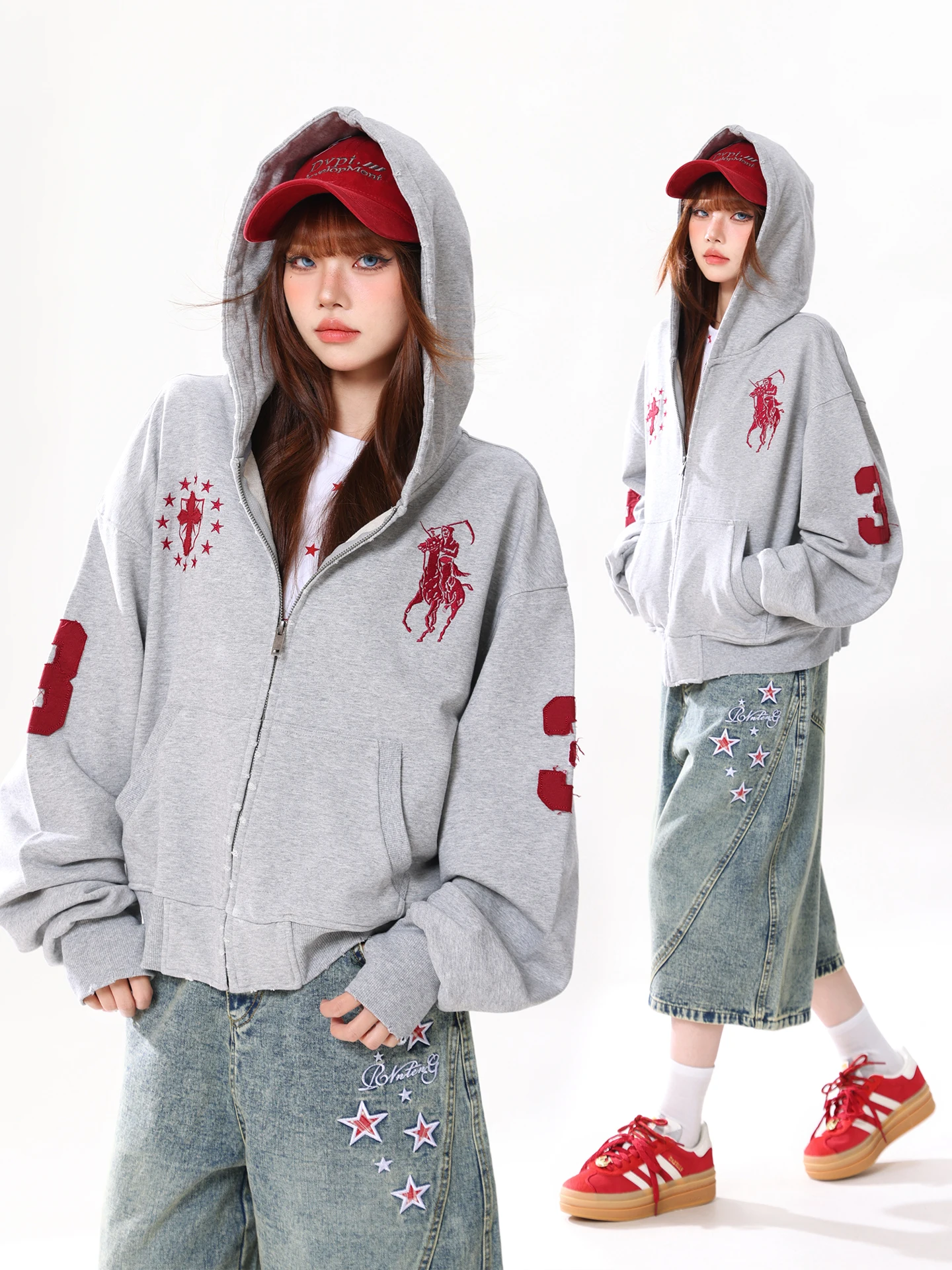 

AONW Американский ретро-худи с вышивкой, женская модная уличная толстовка на молнии, свободная верхняя одежда, весенняя, стильная, с длинными рукавами