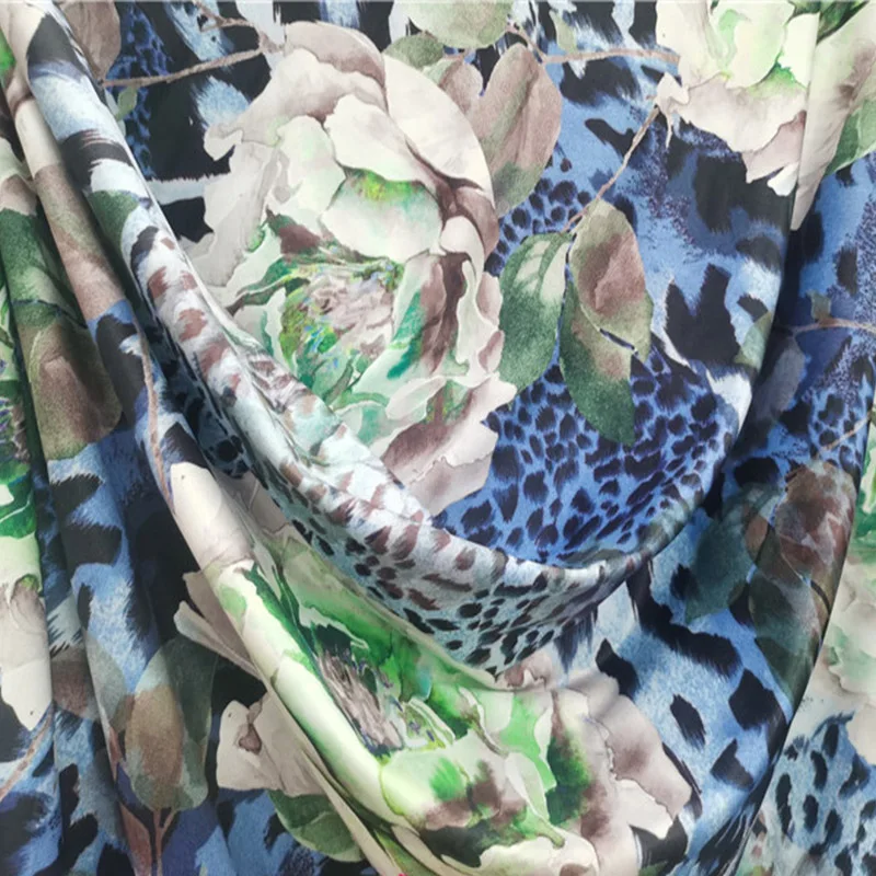 Buono, elastico a 4 vie, tessuto a maglia di seta del latte, tessuto di stampa leopardo bianco verde peonia/blu, fai da te, cucito