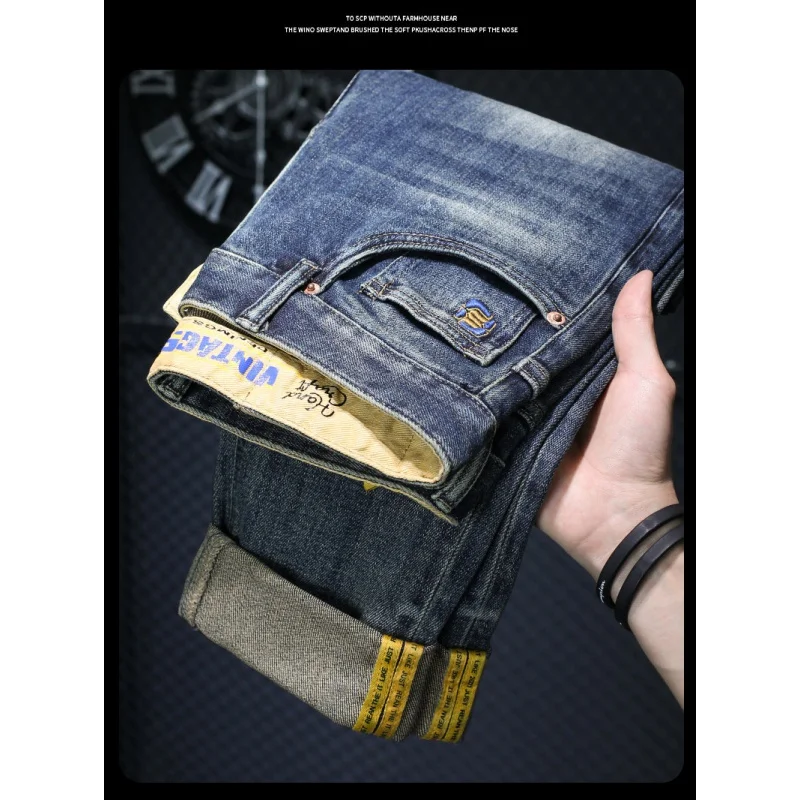 2024 New Vintage Blue Jeans Men High-End and Fashionable Embroidered Versatile Casual Straight-Leg Slim-Fitting Long Pants