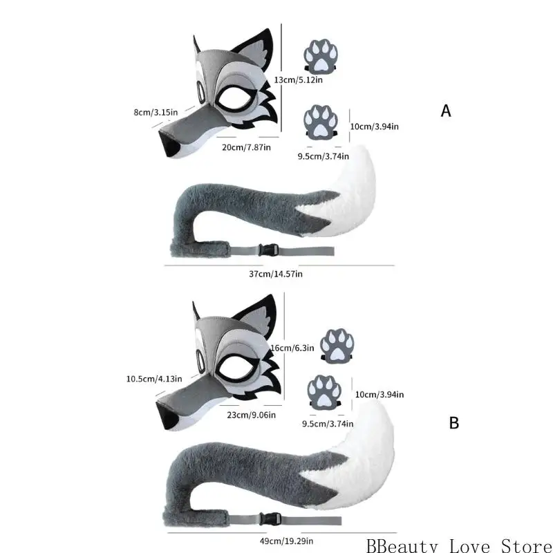Wolf Face Mask Mask Wolf Tail en Handschoenen Halloween Animal Wolf -kostuum voor Kid volwassene