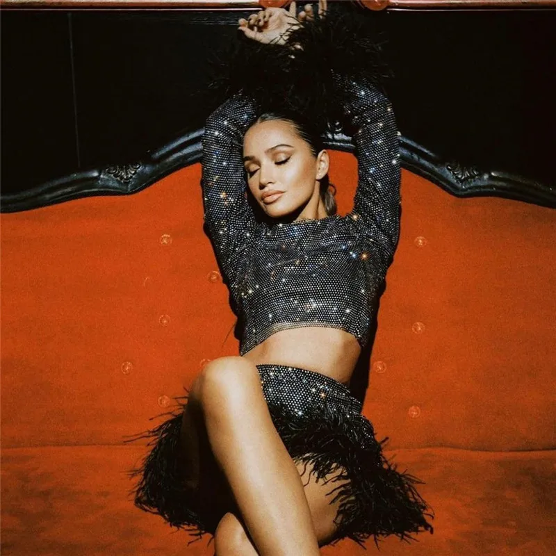 Sexy See Through Rhinestone club Crop Top With Fishnet Beach Party Mini Skirt Summer y2k Feather Women Festival Outfits