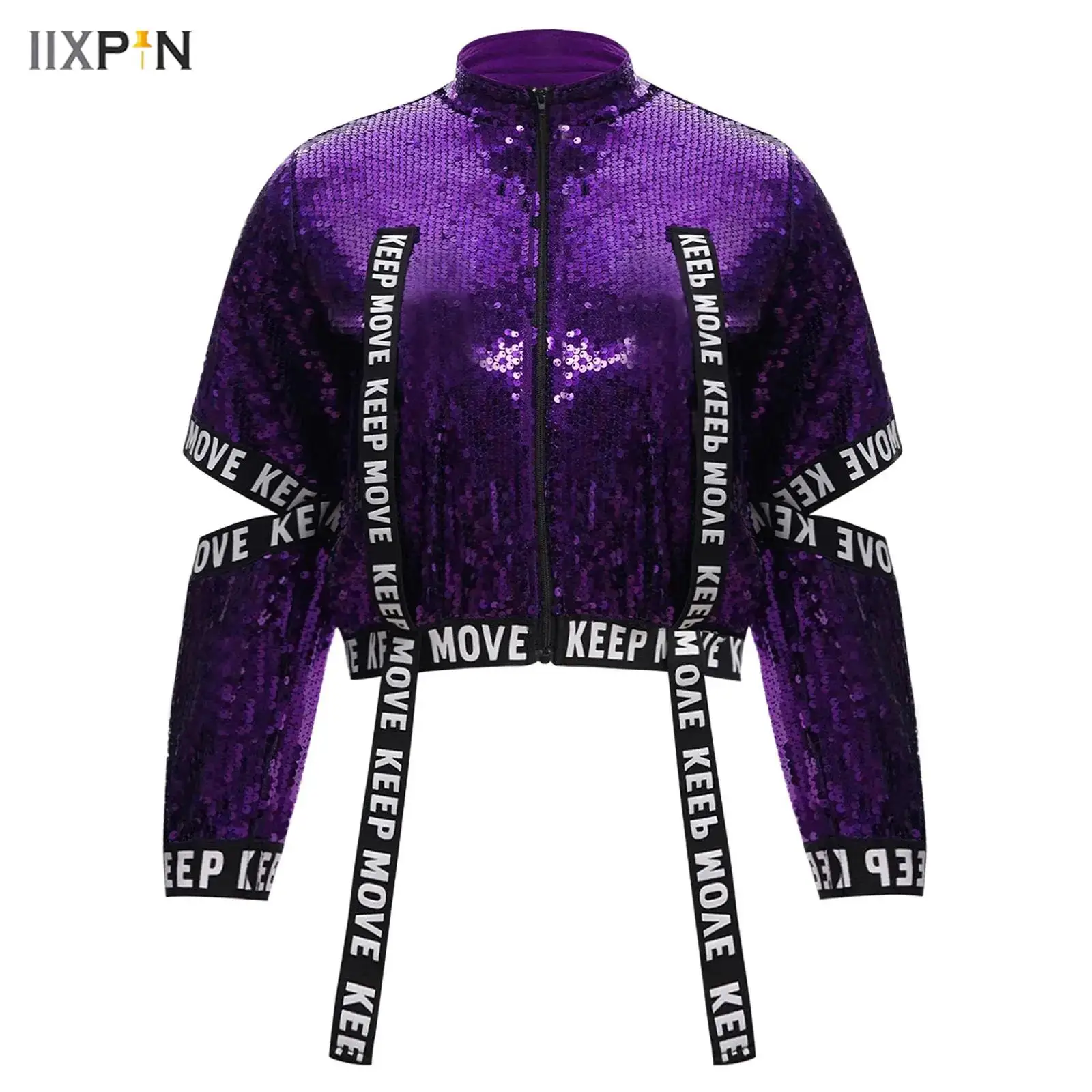 

Kids Girls Jacket Coat Hip-Hop Jazz Dance Costume Streetwear Shiny Sequins Cutout Sleeves Letter Printed Elastic Bands Overcoat